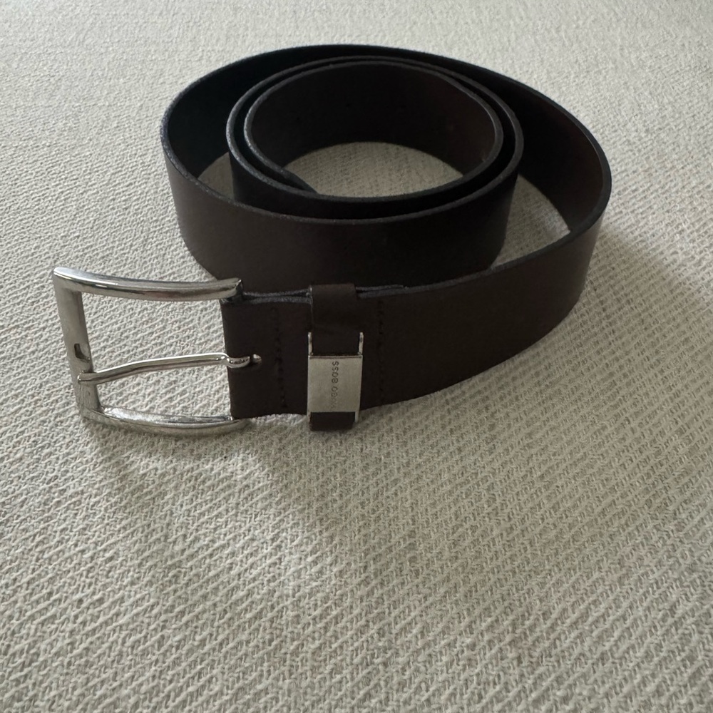 Hugo Boss Dark Brown Leather Belt with Silver Buckle